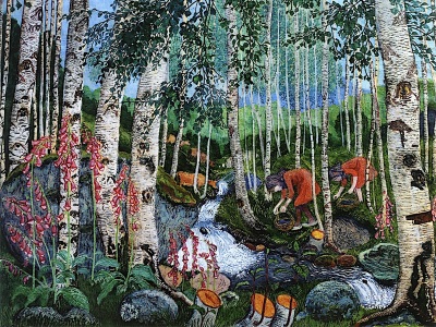 painting of children picking mushrooms in a birch wood