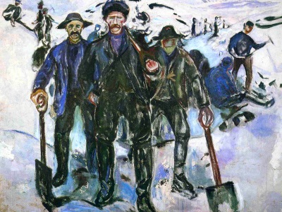 painting of workers in the snow